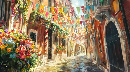 Fototapeta premium Watercolor Art of Sunlit Venetian Streets with Colorful Flags and Lush Flowers, Evoking Italian Charm, Artistic Exploration of European Architecture, and Vibrant City Life. Venetian Carnival