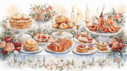 Naklejka premium Watercolor Illustration of Elegant Seafood and Pastries Banquet with Lobsters Cakes and Floral Arrangement Concept of Festive Dining Culinary Art and Gourmet Delights. Venetian Carnival