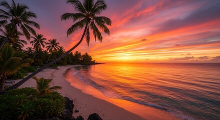 Fototapeta premium Tropical sunset over serene beach with vibrant sky and swaying palm trees