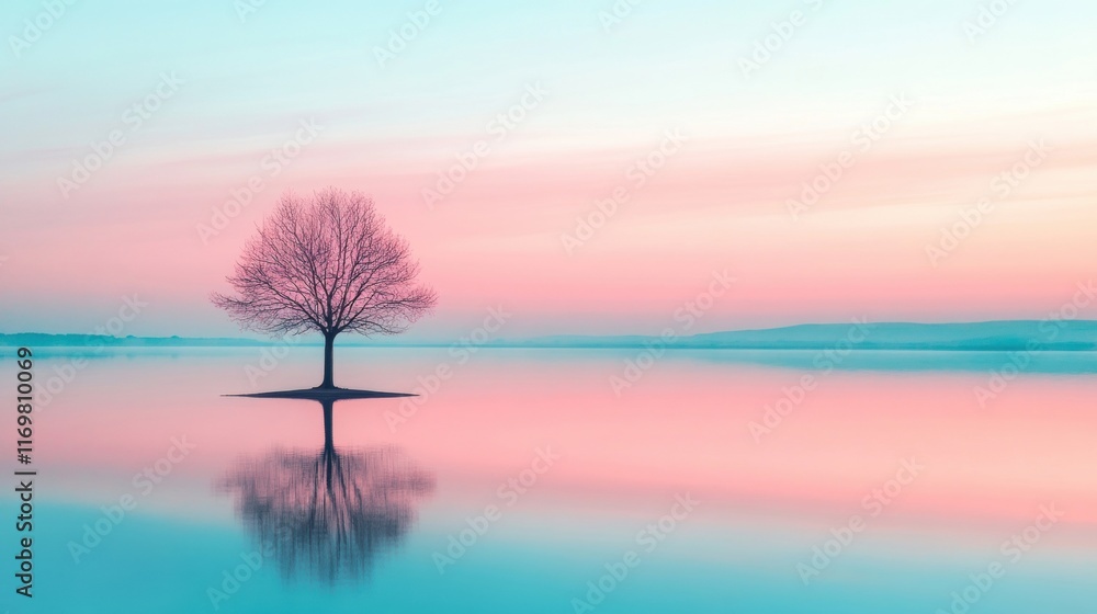 Poster a charming cat explores the serene setting with a solitary tree mirrored in the tranquil lake at dus