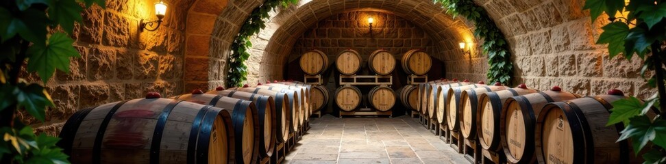 Rustic wine cellar with wooden barrels and old grapevines , rustic, rural