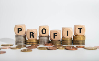 Wooden letters text PROFIT on grey background.