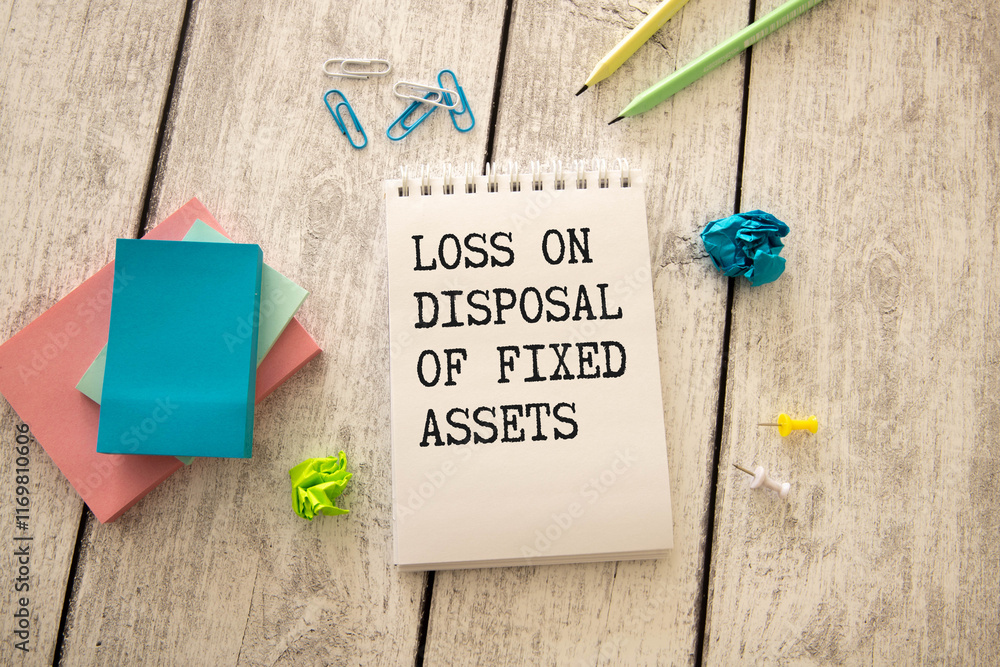 Poster loss on disposal of fixed assets label on notepad with laptop and smartphone on wooden table.