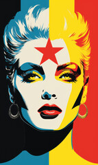 Retro Pop Art Woman, Stars, Sunglasses, Red Lips, Yellow, Blue Hair