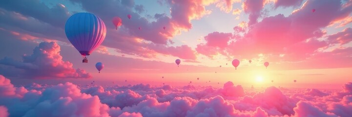 Fototapeta premium Sunrise panorama, vibrant pink & blue balloons ascending, floating, blue, bright