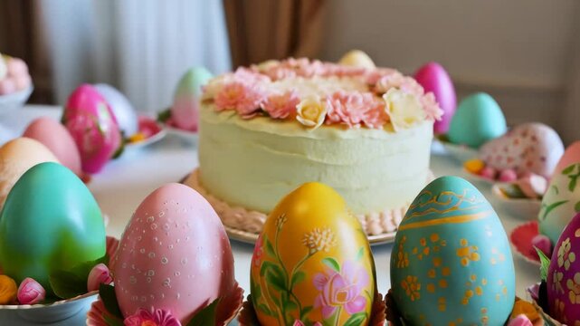 Colorful Easter eggs surround a beautifully decorated cake at a festive celebration