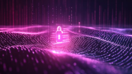 Glowing padlock icon on digital wave, representing data security and cyber protection.
