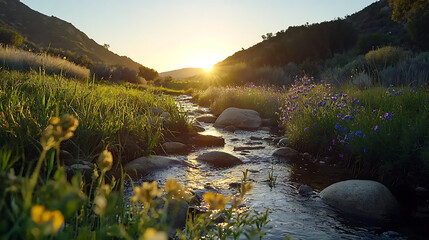 A river with a sun shining on it. generated using AI