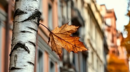Close-Up of Autumn Leaf on Birch Tree Against Blurred Building Background