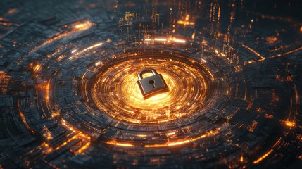 Glowing padlock in futuristic digital circuit.