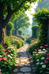 Obraz premium Winding stone path lined with lush greenery and vibrant flowers, greenery, Central Park