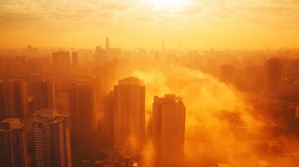 Extreme Heat Waves Over Urban Landscape at Sunset