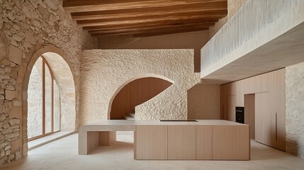 Modern kitchen in renovated stone house with wooden beams, arched windows, and spiral staircase.