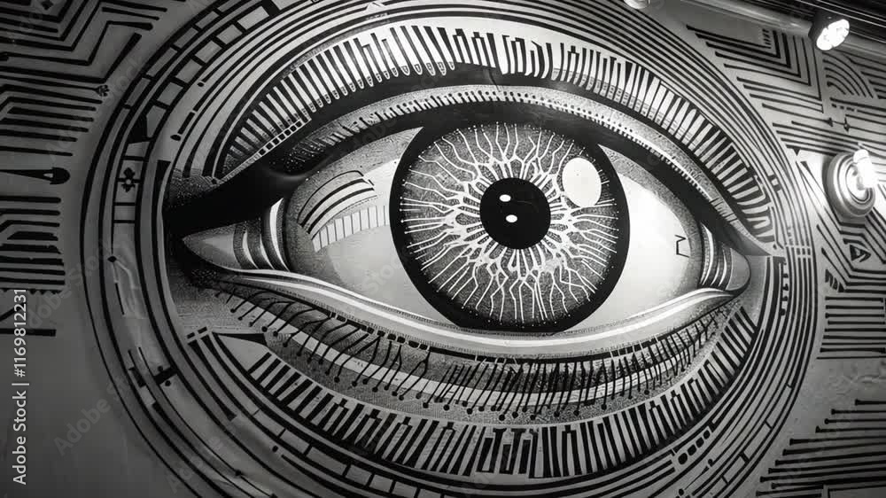 Fototapete an artistic representation of a large eye is displayed against a backdrop of intricate circuit patte