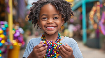 A child holding a handful of Mardi Gras beads with a big smile, surrounded by colorful decorations, outdoor setting with joyful, sunny vibes