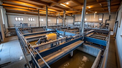 Obraz premium Modern water treatment plant interior showing filtration system, tanks, and pipes.