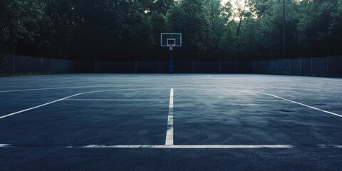 An outdoor sports court during sunset, with basketball hoops and a well-maintained playing area. This image depicts a quiet moment in an urban setting where people engage in physical activity.