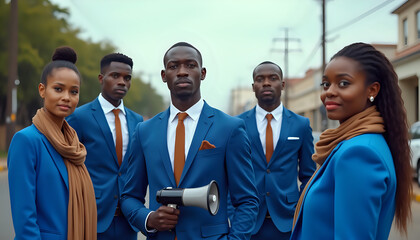 a group of black men and a woman wearing blue suits, using megaphone