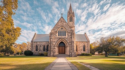 Stone church, autumn day, path, sunny sky, tranquil scene, travel brochure.