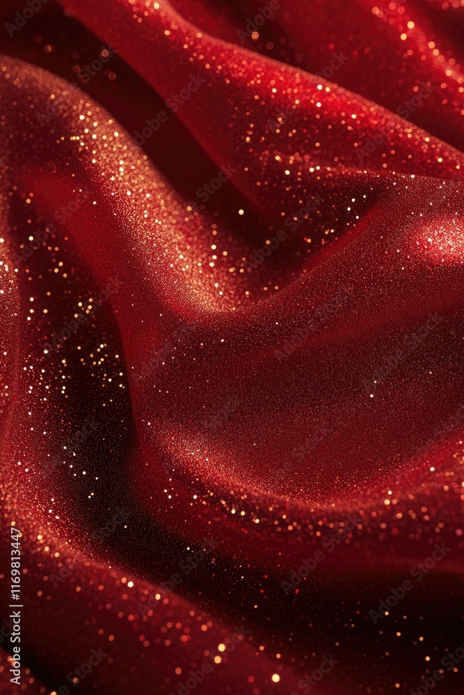 Poster a close-up image of red velvet fabric with gold sequins sparkling on it.