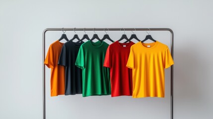 Display of colorful t-shirts concept, A colorful array of t-shirts displayed on a rack against a neutral wall, showcasing vibrant hues like red, green, yellow, black, and orange.