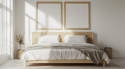Minimalist bedroom with two empty wooden frames on the wall above the bed