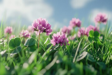 Fototapeta premium A delightful spring scene with pink flowers in a grassy meadow, basking under a clear blue sky.