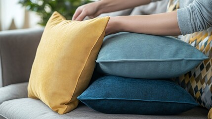 Woman arranging yellow, blue, and teal velvet throw pillows on a sofa.