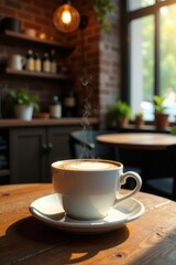 Obraz premium Warmly lit steaming coffee cup on wooden table in a cozy cafe environment, wood, cozy