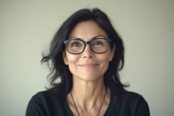 Fototapeta premium A smiling, confident woman wearing glasses and a dark top with her hair in loose waves. Her cheerful expression conveys professionalism.