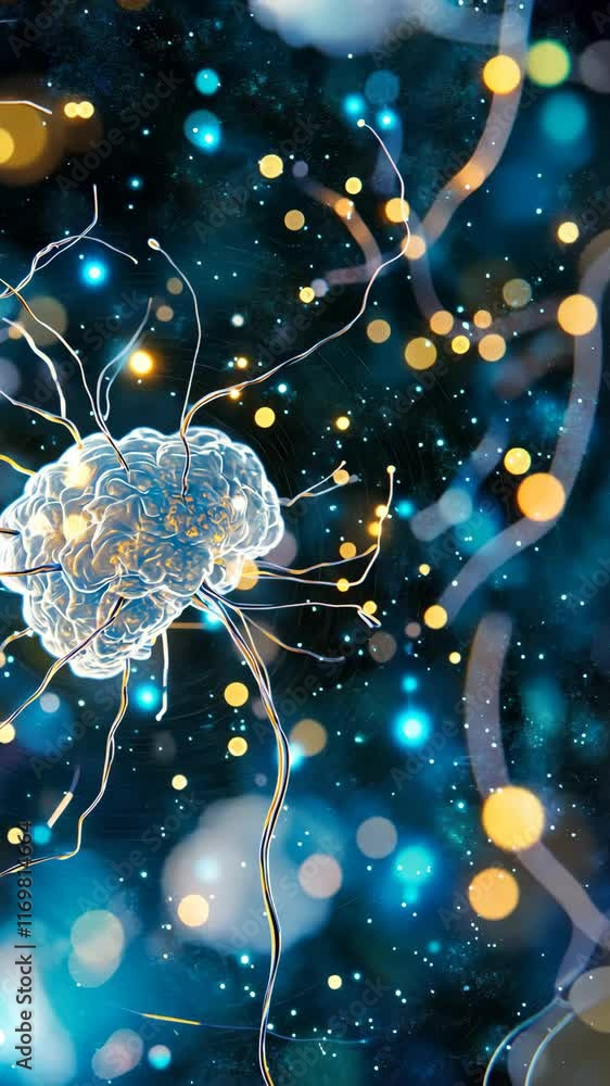 Poster representation of a neuron with synapses illuminated by glowing particles in a dark background
