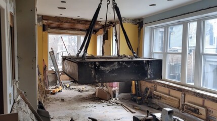 Heavy metal box being lifted during home renovation.