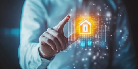 Hand holding tablet with augmented reality display of virtual house.