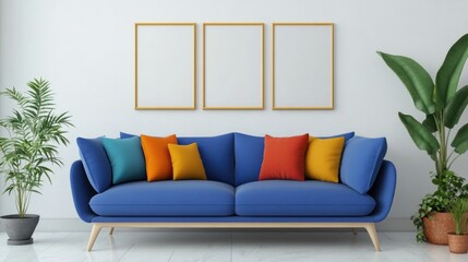 Vibrant blue sofa with colorful throw pillows, set against a clean white wall and complemented by indoor potted plants.