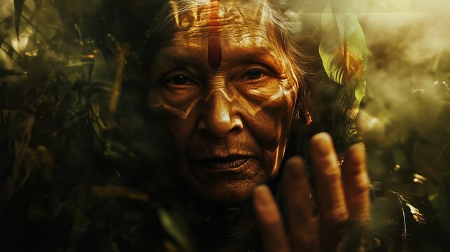 Close-up of an old shaman woman in a spiritual-looking jungle. Old indigenous shaman woman in a dense forest.