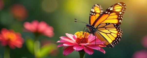 Butterflies sipping nectar from a vibrant flower cluster, insects, colors