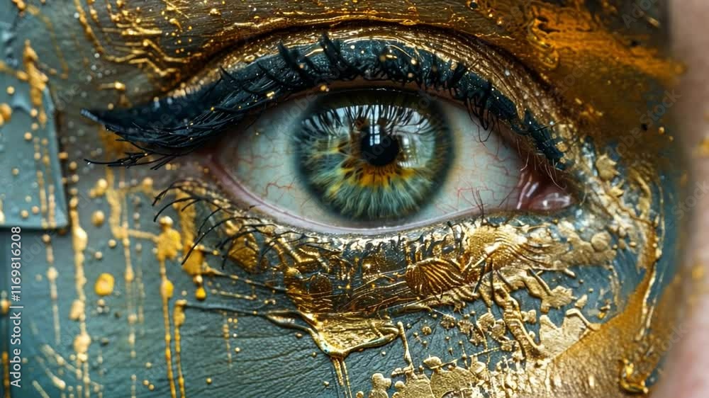 Poster close-up view of an eye featuring vibrant colors and detailed golden circuitry patterns. the artistr