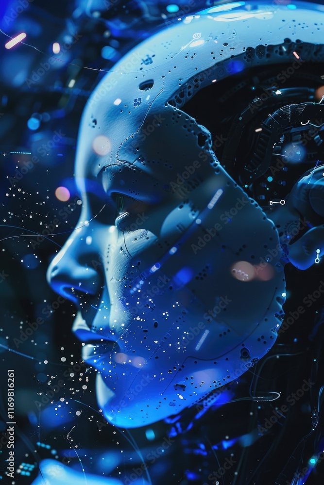 Aufkleber digital humanoid face with cybernetic elements, representing advanced technology and future of artif