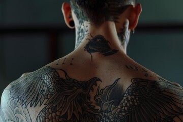 Man with extensive body tattoos showing intricate designs on back. Sleeveless top reveals muscle tone and unique ink patterns.