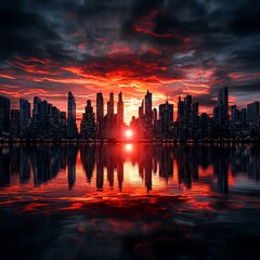 Fototapeta premium Stunning Sunset Over City Skyline with Reflections in Water