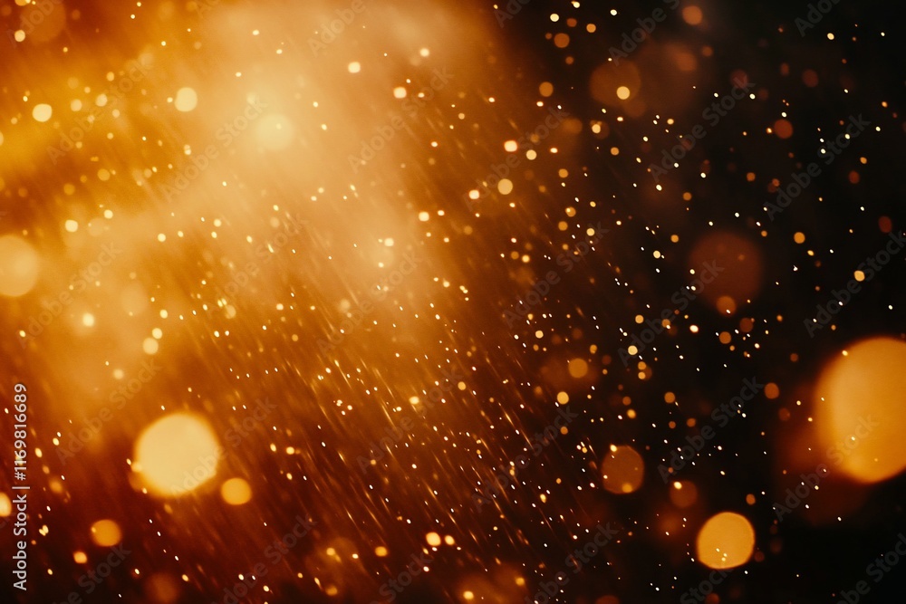 Poster abstract golden bokeh background with glowing particles and light streaks.
