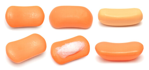 Collection of orange soap isolated on white background