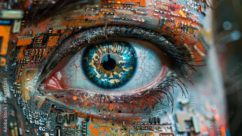 Poster a mesmerizing eye is depicted, featuring a vibrant iris intertwined with intricate circuits.