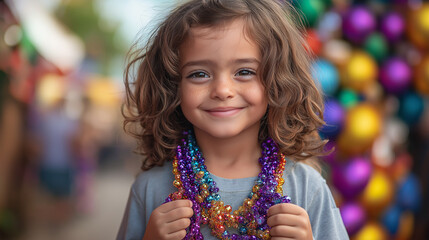 A child holding a handful of Mardi Gras beads with a big smile, surrounded by colorful decorations, outdoor setting with joyful, sunny vibes