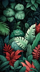 Vibrant Tropical Foliage with Message to Save the Earth
