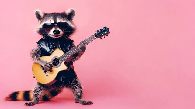 raccoon wearing sunglasses and a leather jacket, strumming an acoustic guitar