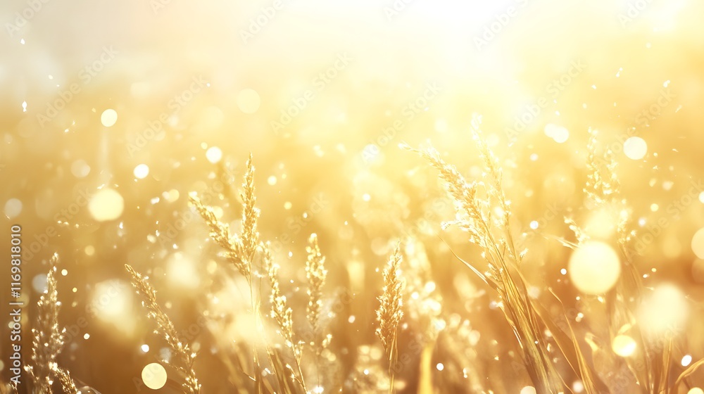 Poster sunlit grass field with bokeh effect