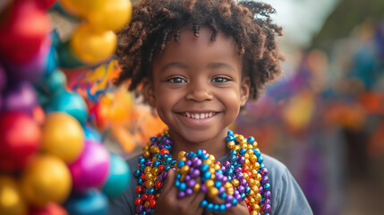 A child holding a handful of Mardi Gras beads with a big smile, surrounded by colorful decorations, outdoor setting with joyful, sunny vibes