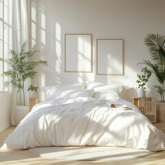 A minimalist white bedroom bathed in sunlight. The bed is covered in a white duvet and pillows