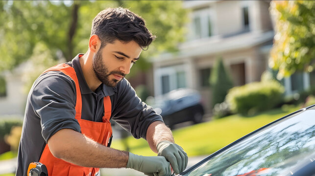 A male auto technician replacing a car windscreen on a quiet suburban street wearing a uniform and gloves using specialized tools to carefully install the new glass - Powered by Adobe